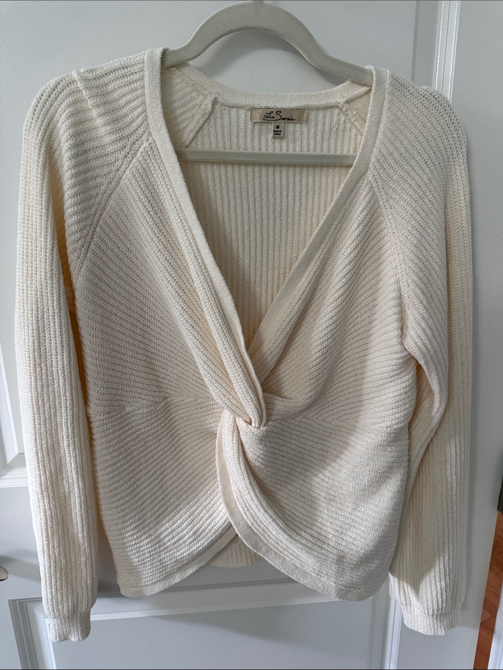 L.Sam Twist-Front V-Neck Sweater in Cream